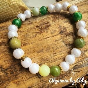 White Pearl Bracelet with green jade Stone and gold  Accents